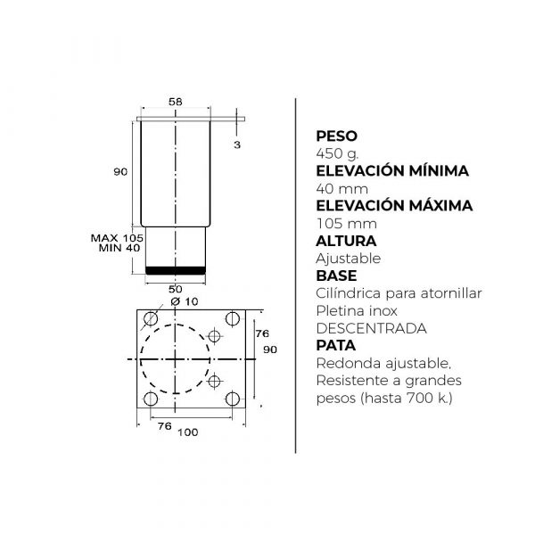 Quickware Pack 2 x Patas Regus Redondas Acero Inoxidable Partes Fija y Móvil Cilíndricas - Imagen 2