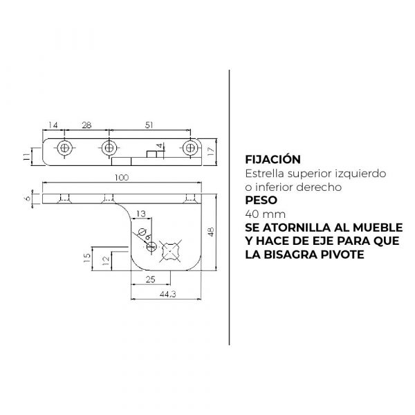 Soporte para Bisagra de Torsión Pivot con Fijación Estrella | Fijación Superior izq. o Inferior der. - Imagen 2