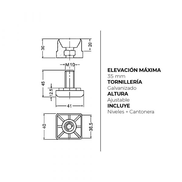 Pata Regulable para Tubo (40x40mm) en Poliamida Negra - Imagen 3