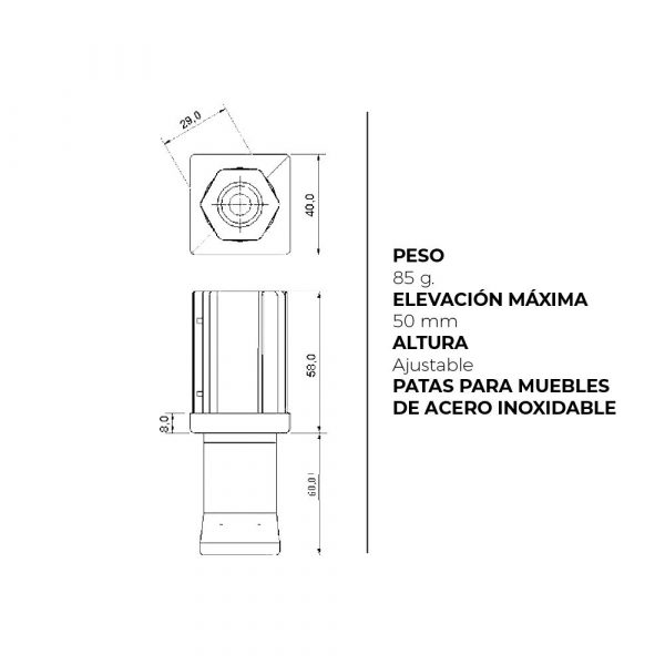 Pata Regulable (40x40mm) Poliamida con parte Móvil hexagonal en Acero Inox | Elevación máxima 100mm - Imagen 2