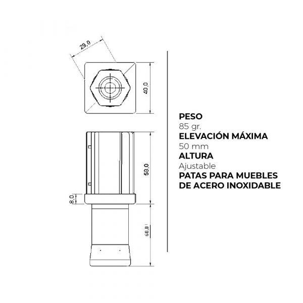 Pata Regulable (40x40mm) con entrada Hexagonal en Acero Inoxidable y Poliamida | Altura max 50 mm - Imagen 2