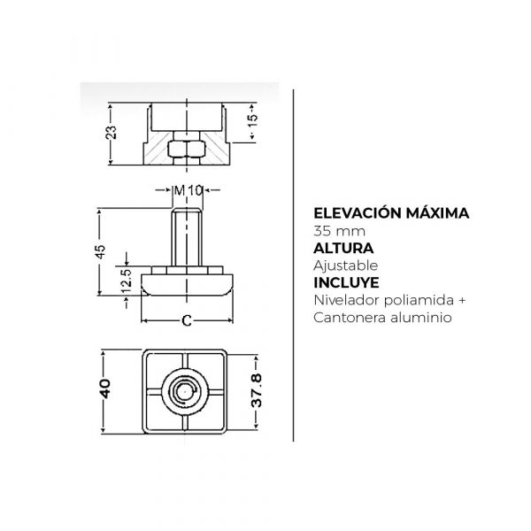 Pack 4 x Patas Regulables para Tubo ( 40x40mm ) | Poliamida Negra  y Aluminio - Imagen 2