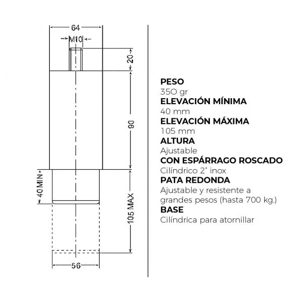 Pack 2 x Patas Regulables Redondas Acero Inoxidable con partes Fija y Móvil Cilíndricas - Imagen 2
