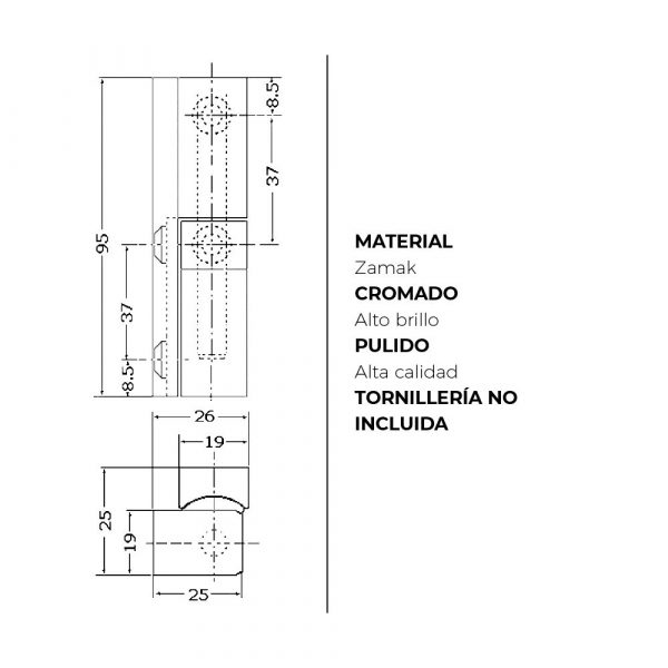 Pack x2 Bisagra Vertical en Zamak Cromado, para Puerta Frigorífica o Neutra de 95 mm - Imagen 4